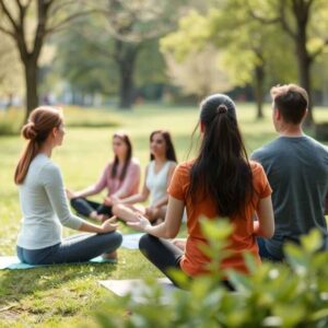 A team participating in an outdoor wellness activity, such as a mindfulness session in a park - SW HR Consulting